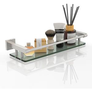 Glass Shelves for Bathroom, 16IN Brushed Nickel Bathroom Shelves for Wall Rectangular Stainless Steel Tempered Glass Modern use for Shelf Sink Over Toilet