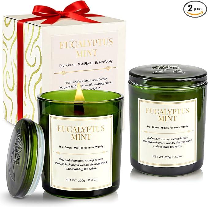 CJVIUS 2 Pack Candles for Home Scented,Wood Wick Eucalyptus Mint Scented Candle,22.6 oz 150 Hour Long Burning Lasting, Natural Soy Wax Candles Gifts Set