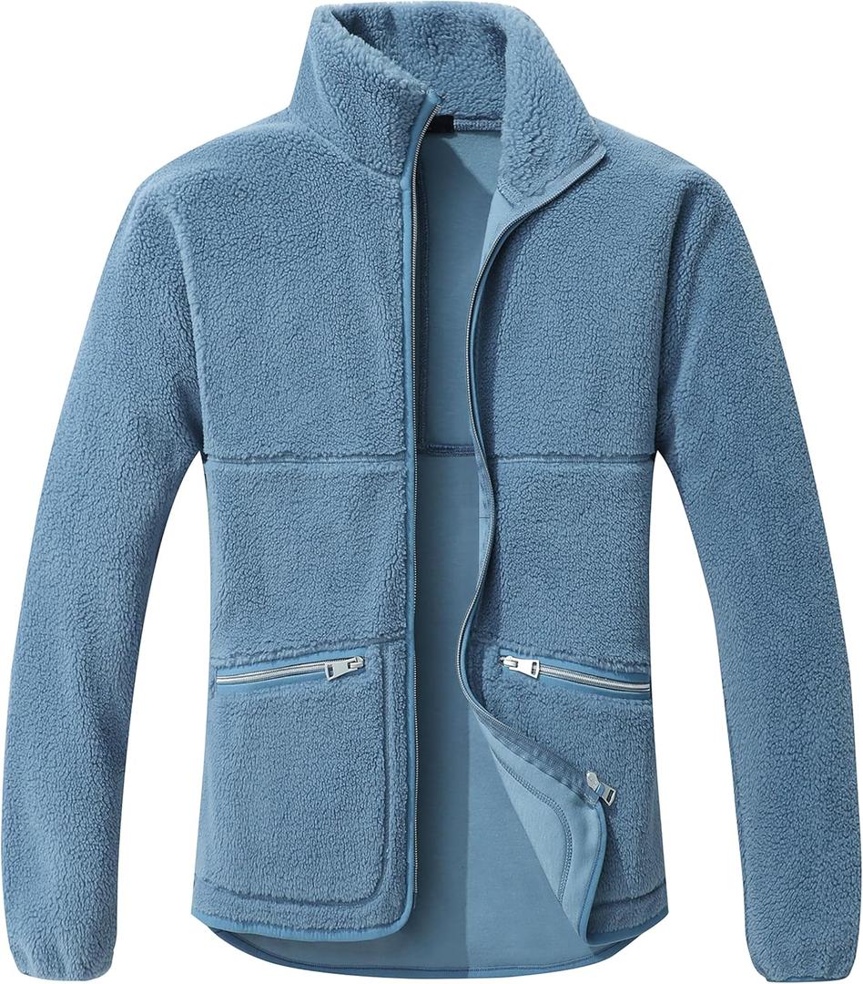 GIMECEN Women's Fuzzy Fleece Jacket Long Sleeve Zip Up Sherpa Coat Soft Polar Outerwear with Zipper Pockets (Medium, Denim Blue)