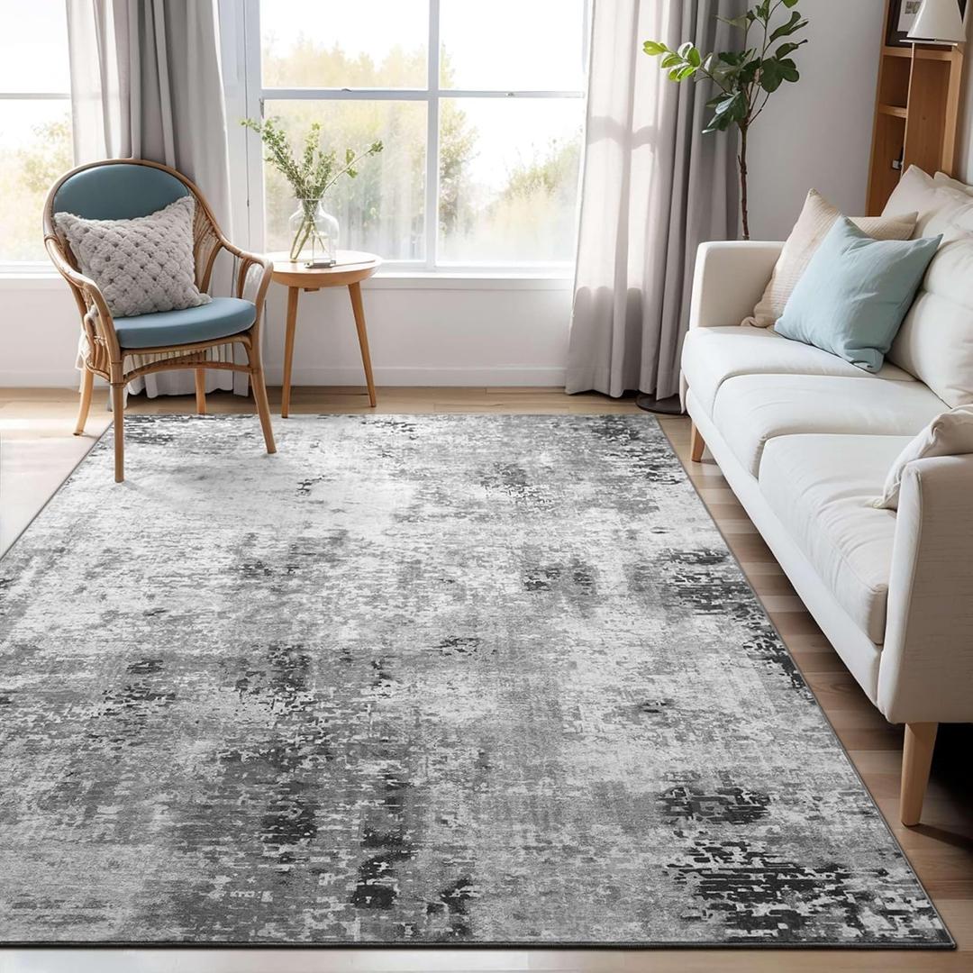 Area Rug 4x6 Grey Rug Washable Boho Rugs Non Slip Low Pile Abstract Small Carpet for Entryway, Bedroom, Kitchen, Classroom, Kids Room, Office, Dorm, Dining Room, Gray
