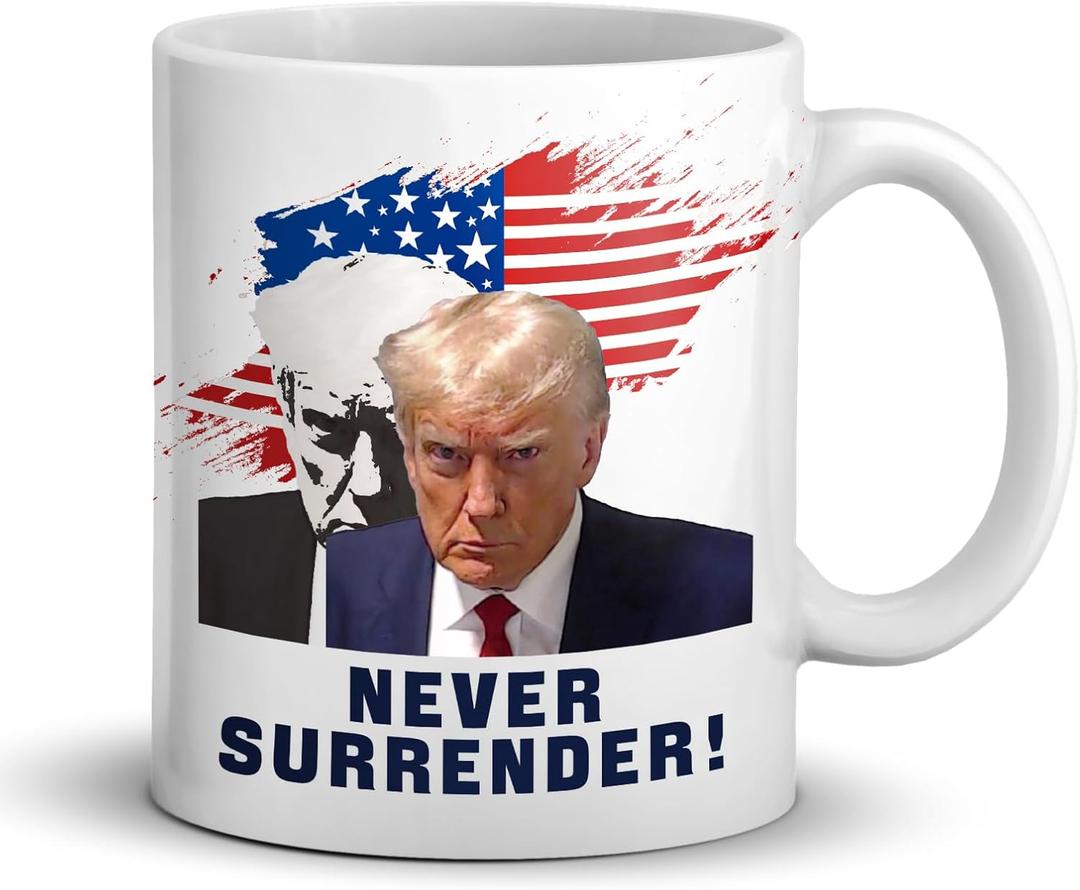 Hbydo White Trump Mug, 11 Oz Ceramic Double Sided Trump Coffee Mugs Printed Never Surrender for Home Daily Drink, Trump Coffee Cup for Brother Dad Parents Friends : Home & Kitchen