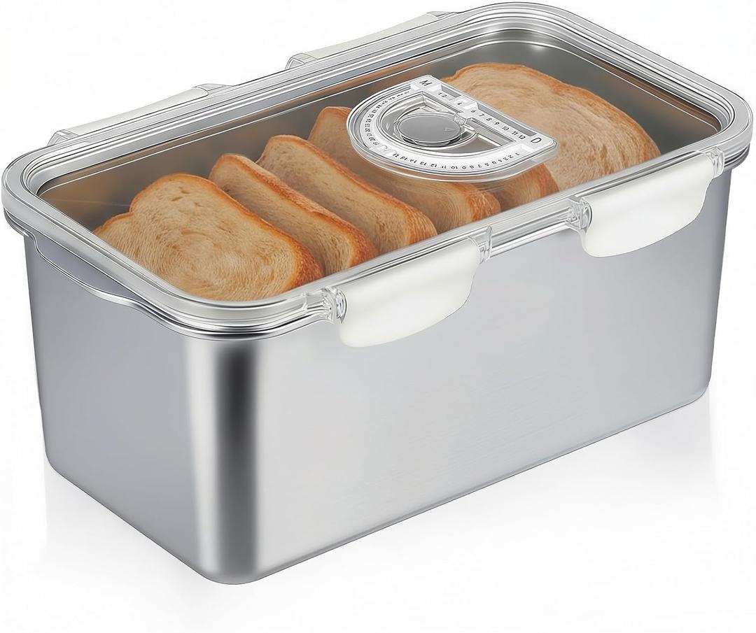 Gifhomfix Bread Box 304 Stainless Steel Bread Container, Dishwasher Safe Bread Storage for Homemade Bread, Time Recording Bread Storage Container with Lid and Handle