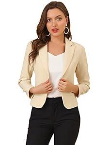 Allegra K Women's Open Front Office Work Business Casual Lightweight Summer Crop Suit Blazer X-Small Beige-Solid