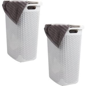 Mind Reader Slim Laundry Hamper with Lid, 60L Tall Clothes Basket, Narrow Tapered Design for Bathrooms, Closets and Laundry Rooms, Plastic, 2 Pack, White