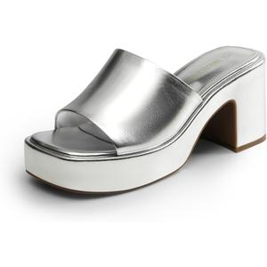 DREAM PAIRS High Chunky Platform Heels for Women Fashion Comfort Slip on Square Open Toe Block Heel Sandals,Size 6.5,Silver-Pu