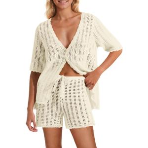 Saodimallsu Women Crochet 2 Piece Swimsuit Cover Up Short Sleeve Knit Tops Shorts Sets Summer Beach Vacation Outfit (L, Beige)