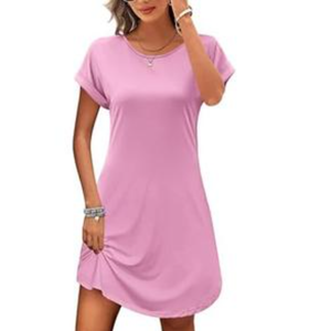 PLOKNRD Women Summer Dress Basic Tshirt Beach Sundress Casual Flowy Swing Short Sleeve Tunic, Pink-M
