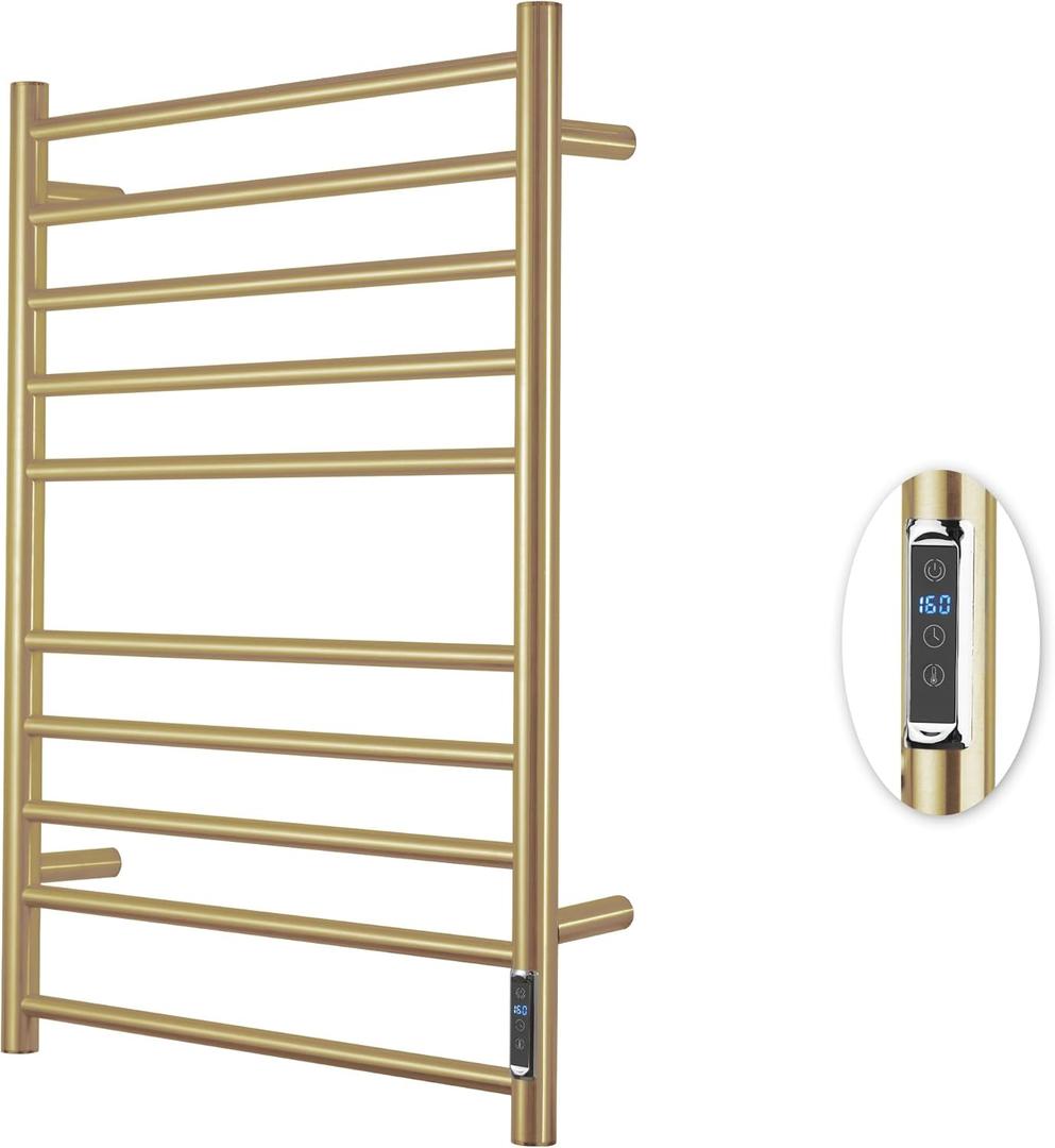Heated Towel Racks for Bathroom, Wall Mounted Electric Towel Warmer Racks with Timer & Temperature Control, 10 Bar Stainless Steel Towel Heater for Bathroom (Round-Brushed Gold, 10 Bars)
