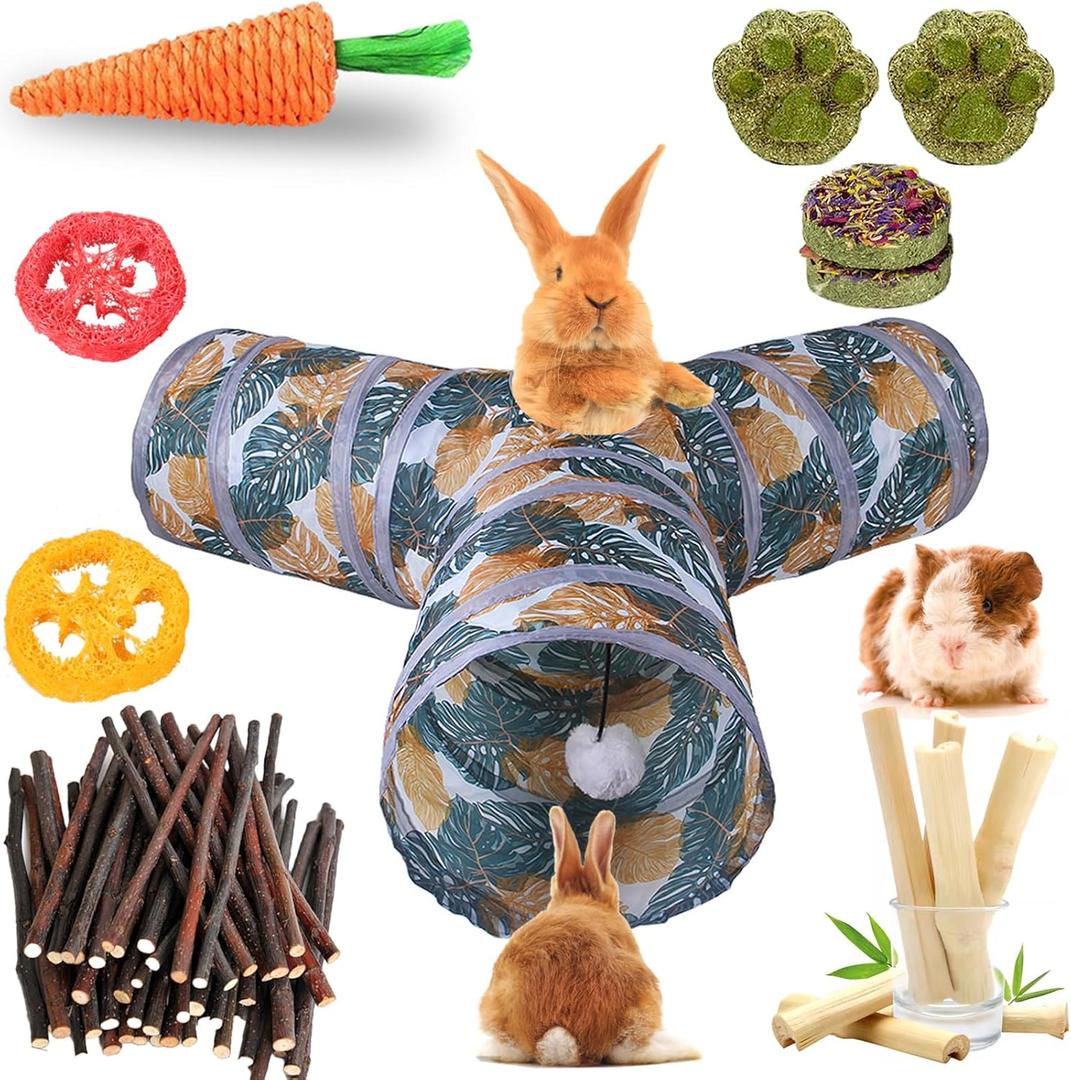 Grddaef Bunny Tunnel, Collapsible 3 Way Rabbit Tunnel and Tubes with Small Animal Hideout Chew Toys for Rabbit Guinea Pig Ferret Hamster