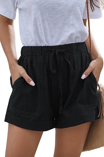  Womens Lightweight Shorts Casual Baggy Trendy Hot Pants Elastic Waist Drawstring Comfy Shorts, Black Medium