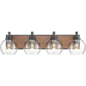 Bathroom Light Fixtures, 4-Light Black and Faux-Wood Finish Bathroom Vanity Light, 26 Inch Farmhouse Wall Sconces with Globe Clear Glass Shade, Vanity Lighting Fixtures Over Mirror, VL195-WB-4,  Black and Faux-Wood, Clear Glass