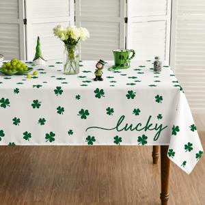 Horaldaily St. Patrick's Day Tablecloth 60140 Inch, Irish Clover Shamrock White Washable Table Cover for Party Picnic Dinner Decor