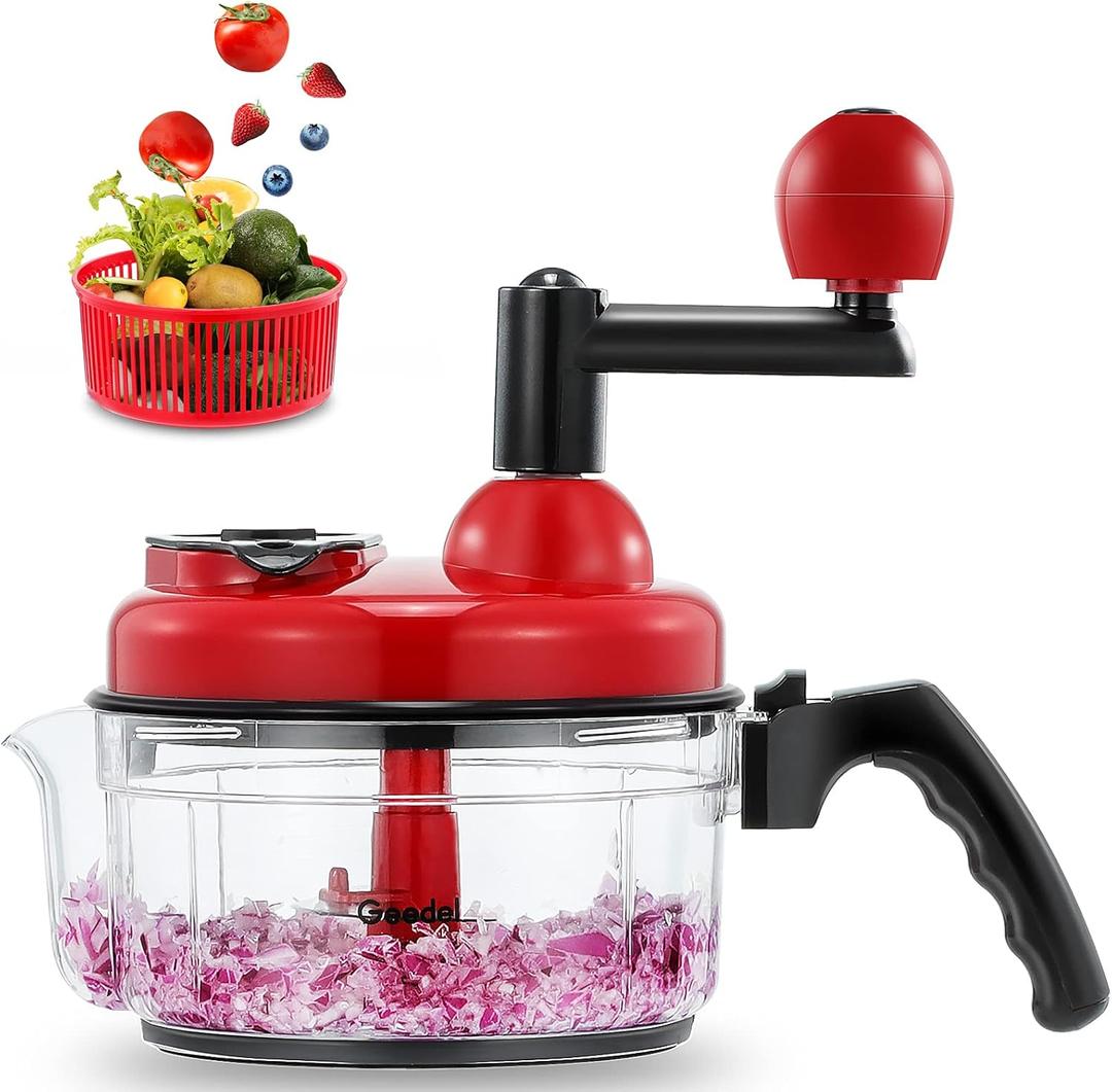 Geedel Hand Food Chopper, Quick Manual Vegetable Processor, Easy To Clean Rotary Dicer Mincer Mixer Blender for Onion, Garlic, Salad, Salsa, Nuts, Meat, Fruit, Ice, etc (Red)