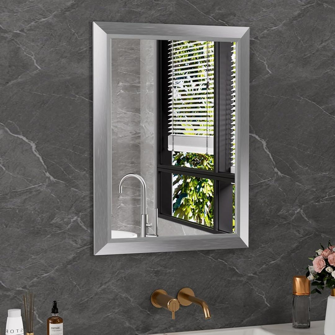 Amorho 20x30 Inch Bathroom Mirror Silver, Thick Metal Framed Wall Mirrors for Over Sink, Brushed Nickel Mirror Perfect for Bedroom, Living Room, Entryway, Rectangle (Horizontal/Vertical).