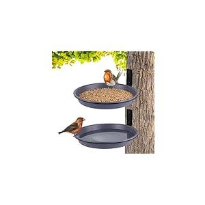 2 Pack Fence Bird Feeder Bath Tray for Outside, 8.4'' Plastic Wild Bird Bath Bowl with Metal Holder for Wood Post, Heavy Duty Wall Tree mounted Pet Squirrel Water Feeder Station Outdoor Garden 