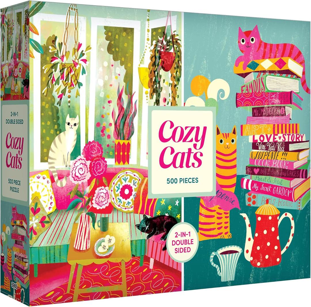 RoseArt - Cozy Cats 500 Piece Double-Sided Jigsaw Puzzle  Matte & Glossy Sides  Cat Puzzle for Adults - 2-in-1 Puzzle with Bonus Poster