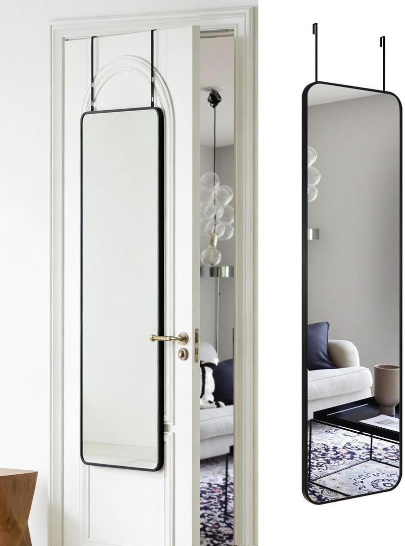 DMWOODFL 14"x48" Full Length Over The Door Mirror, Aluminum Alloy Frame Full Body Mirror with Height-Adjustable Hangers, Hanging Leaning Against Wall for Dorm Bathroom, Bedroom, Entryway Decor(Black)