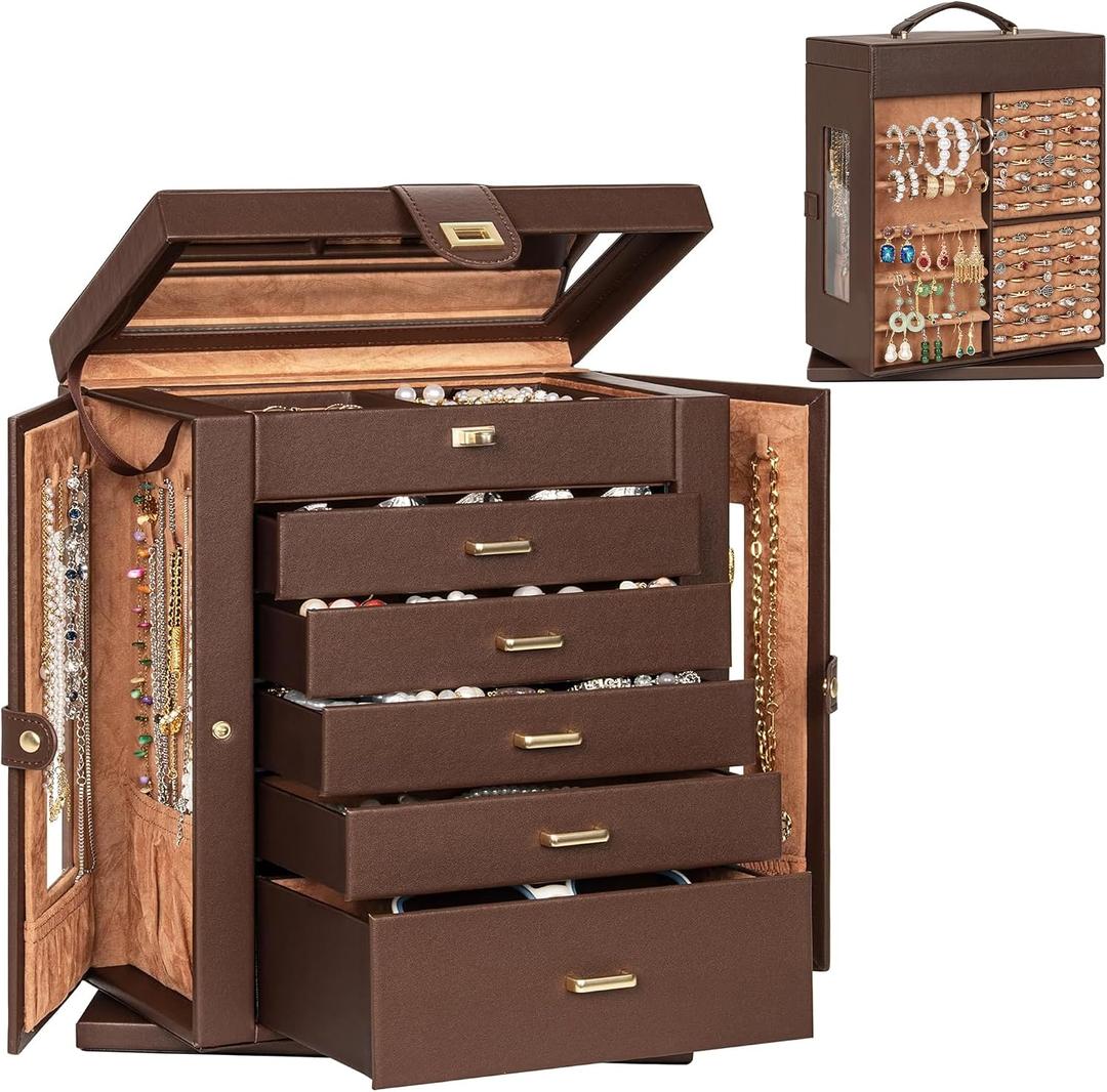 AKOZLIN 360° Rotating Jewelry Box 6-Tier Organizer Functional Jewelry Storage Case for Women Girls Ring Necklace Earring Bracelet Holder with Mirror Brown