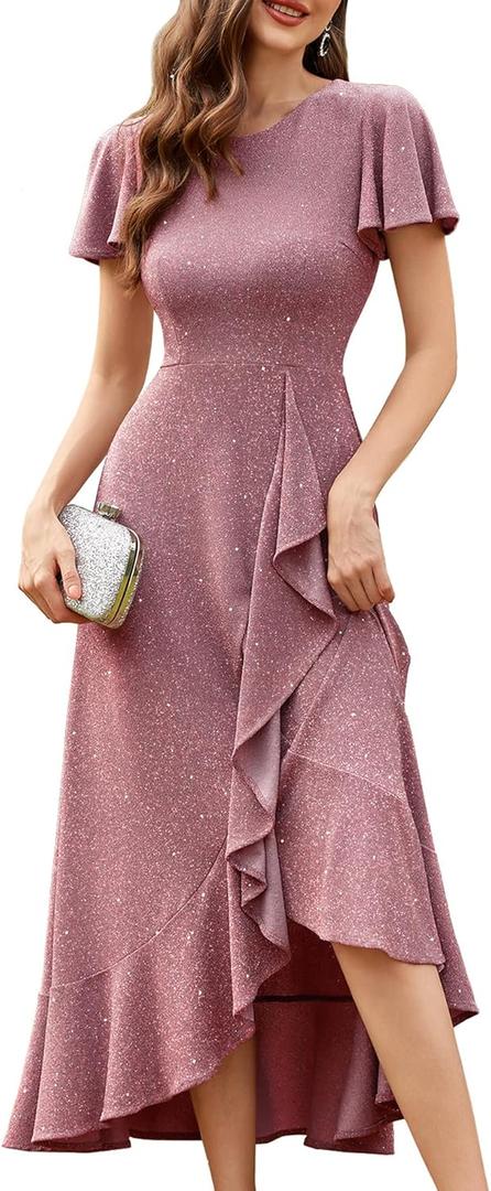 BeryLove Women Sequin Formal Party Dress Flutter Short Sleeve Wedding Cocktail Long Evening Dress, Size 3XL
