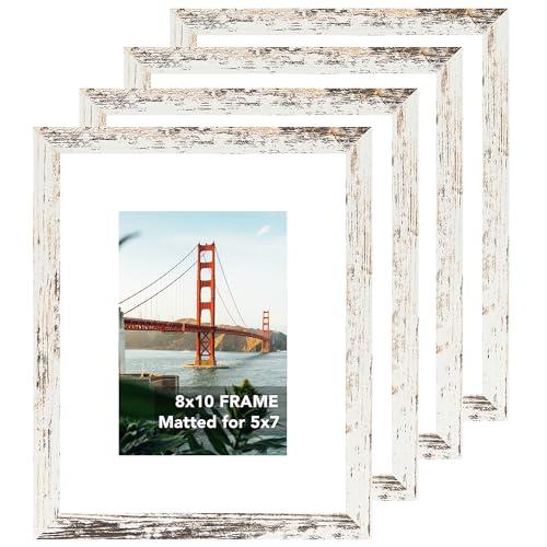 OMISHE Wood 8x10 Picture Frame for Wall or Tabletop, Display 5x7 with Mat or 8x10 without, Sturdy 8 by 10 Frame Photo Frame with Shatter Resistant Plexiglass, 4 Pack, Rustic White