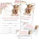 Moonle Baby Shower Invitations with Envelopes, Diaper Raffle Tickets and Baby Shower Book Request Cards, Boho Highland Cow theme babyshower party supplies, Set of 25, Pink