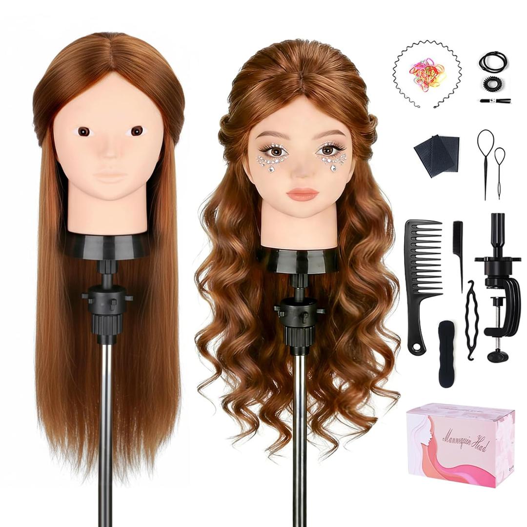 Mannequin Head with 80% Human Hair, TopDirect 24" Brown Real Hair Cosmetology Mannequin Head Hair Styling Hairdressing Practice Training Doll Heads with Clamp Holder and Tools