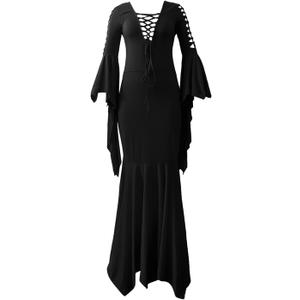 Halloween Sexy Wrap Hip Flare Sleeve Tie V Neck Dress Women's Vintage Costume
Medium Black