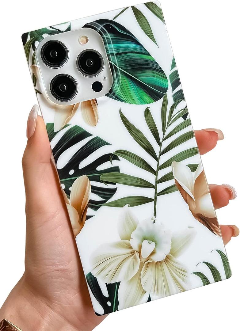 KERZZIL Cute Rectangle Case Compatible with iPhone 14 Pro,White Flower Green Leaves Drop Protective Anti-Fall Slim Soft Silicone TPU Back for Women and Girls Cases Cover