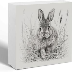 Vintage Easter Bunny Wooden Box Sign Desk Decor, Farmhouse Rustic Easter Rabbit Sketch Decorative Wood Signs for Home Office Desk Shelf Table Decorations, 5x5 Inch (Color 10)