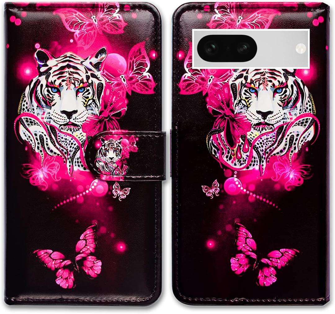 Case for Pixel 7a,White Tiger Butterfly Leather Flip Phone Case Wallet Cover with Card Slot Holder Kickstand for Google Pixel 7a