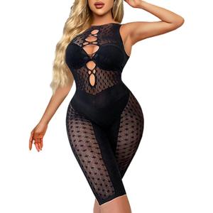 Buitifo Woman Nylon Lingerie Bodysuit Fishnet Bodystocking Sexy Tights Rave Outfits(BlackV,M) (Black)