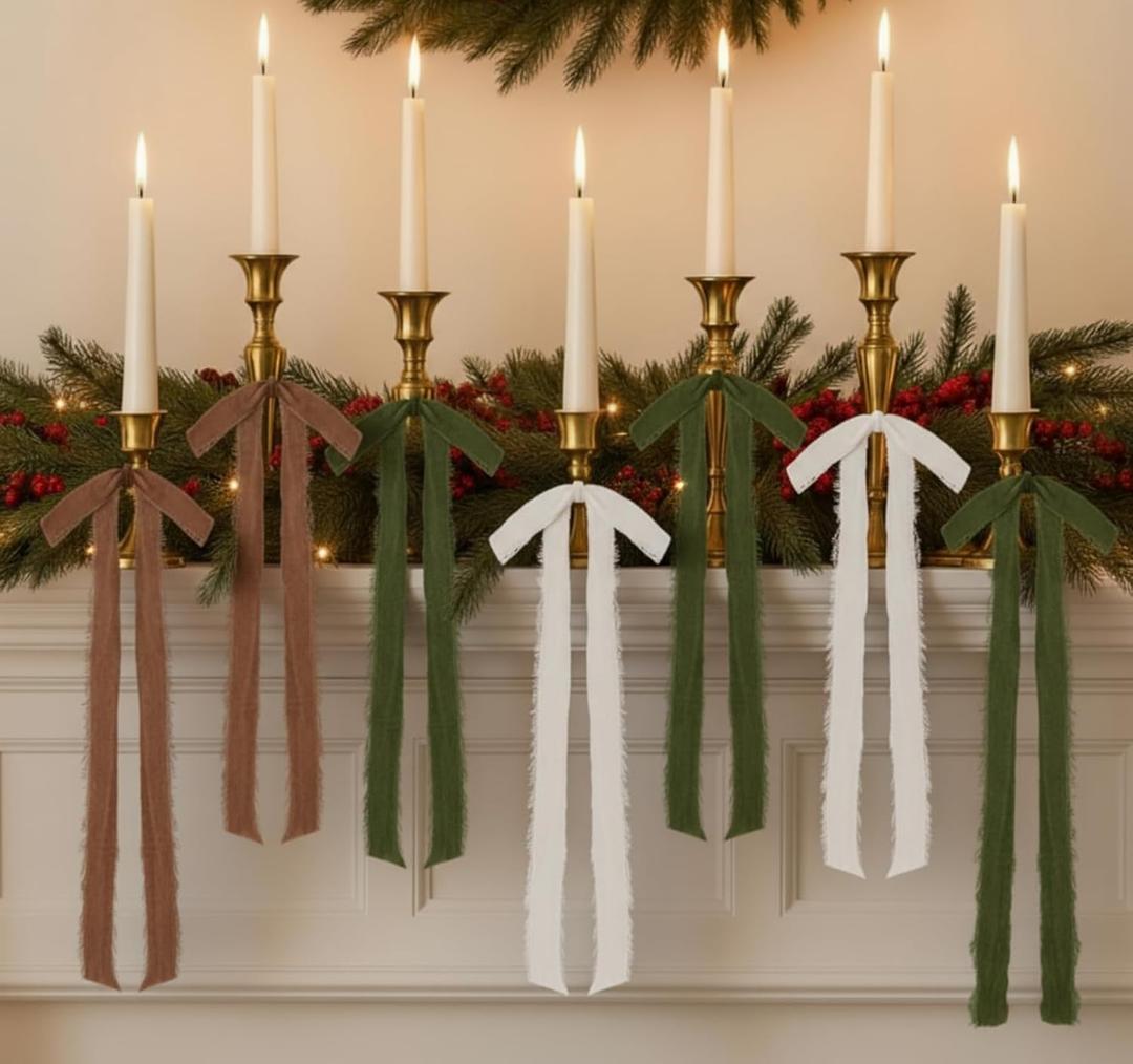 12 Pcs Velvet Christmas Bows Candle Holder Decoration Large Raw Edge Pre-Tied Bow 7.1"x15.7" Vintage Fringe Ribbon Handmade Bow for Christmas Tree Candlestick Rustic Gift Wrapping(Green Brown White)