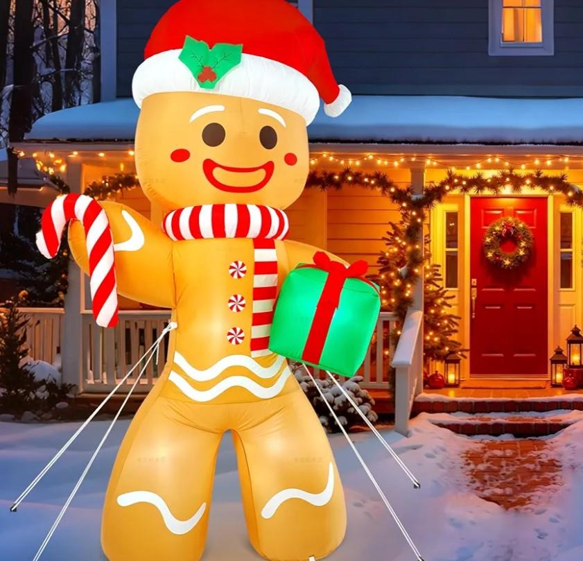 Christmas Inflatable Gingerbread Man, Blow Up Holiday Party Decor with Build-in LED Lights, Waterproof Inflatable Christmas Decorations for Outdoor Roof Yard Lawn Garden Indoor (Brown, 8FT)
