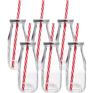 Estilo Glass Milk Bottle with Lid - Milk Glass - Reusable Glass Bottle for Dairy Milk With Straws & Metal Screw On Lids, 10.5 Ounce, Clear, Set of 7