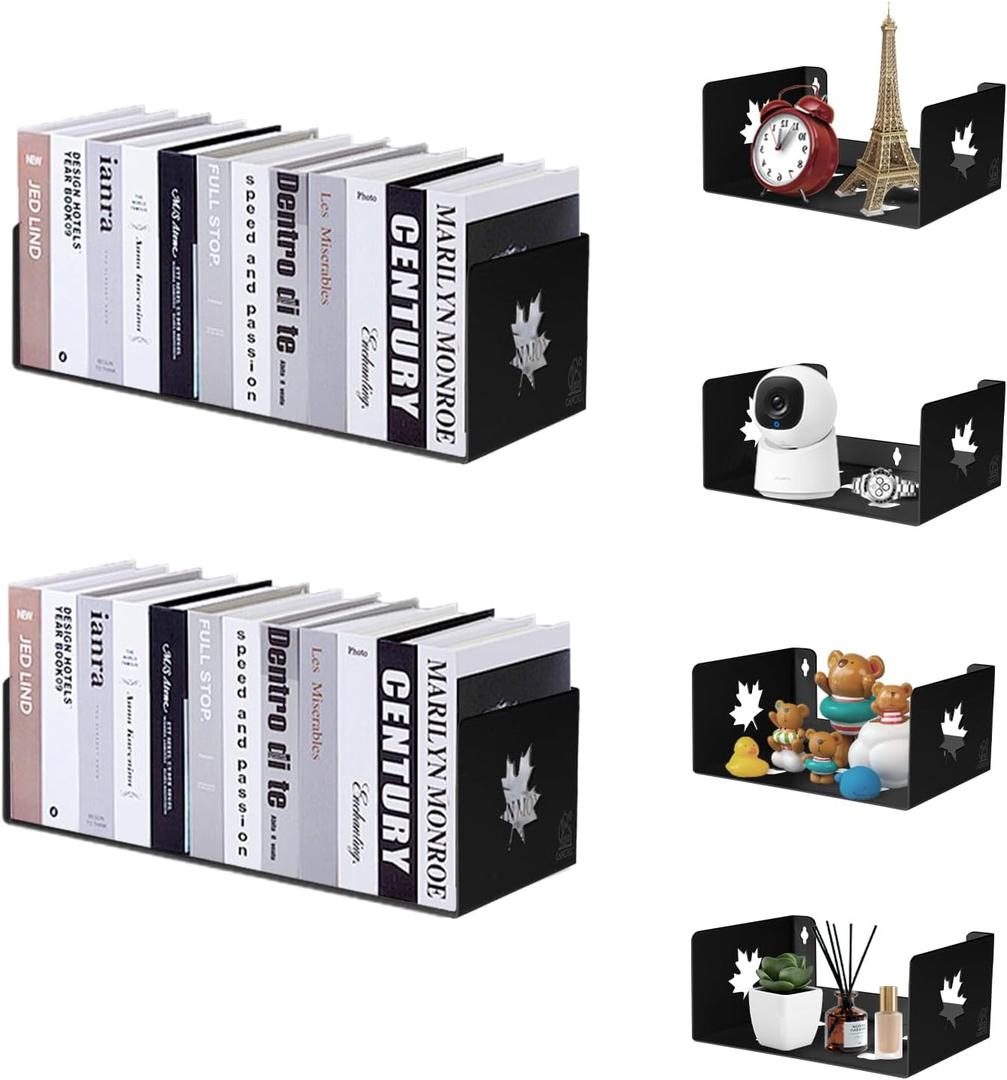 Floating Wall Shelves Metal U Shape Wall Mount Bookshelf CD DVD Storage and Display Shelves, Black Set6