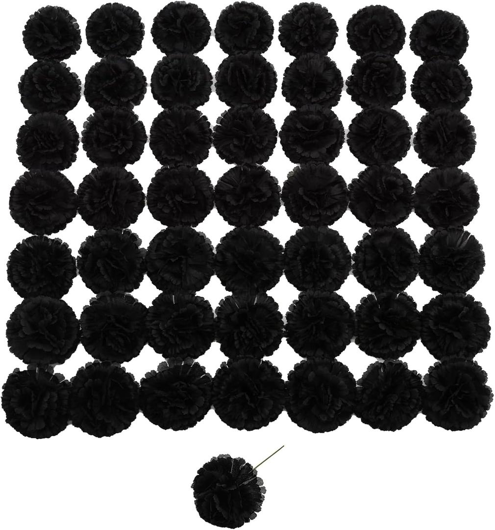 Silk Carnation Flower, 50 Artificial Flowers, Used for Wedding Decoration DIY Handmade Flowers, Carnation Flower Diameter 3.5 Inches and 6 Inches Stem (Black)