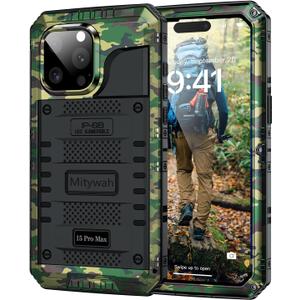 Mitywah Wateproof Case for iPhone 15 Pro Max, Military Grade Shockproof Cover for Outdoor Hiking and Climbing, Heavy Duty Metal Full Body Phone Case with Built-in Screen Protector, 6.7", Camouflage