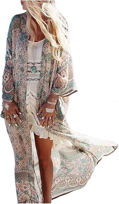 Wander Agio Womens Bikini Cover Ups Beach Casual Dress Coverup Swimsuits Long Cardigan Buttons Chiffon Blut Flower Pattern 8