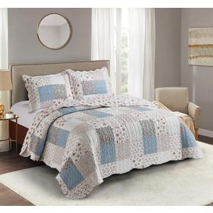 Brilliant Sunshine Pink Rose with Small Blue Check Patchwork, 3-Piece Quilt Set with 2 Shams, Reversible Bedspread, Soft Lightweight Coverlet, All-Season, Full/Queen, Pink Blue