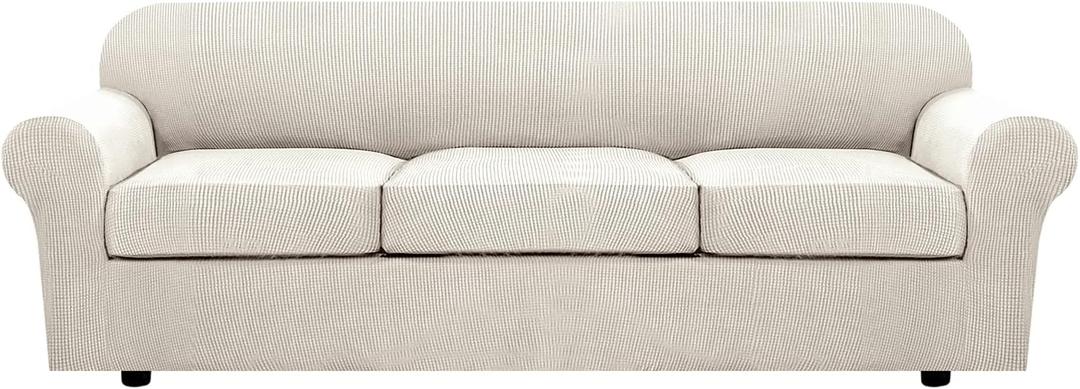 H.VERSAILTEX 4 Piece Stretch Sofa Covers for 3 Cushion Couch Covers for Living Room Furniture Slipcovers (Base Cover Plus 3 Seat Cushion Covers) Upgraded Thicker Jacquard Fabric (XL Sofa, Ivory)