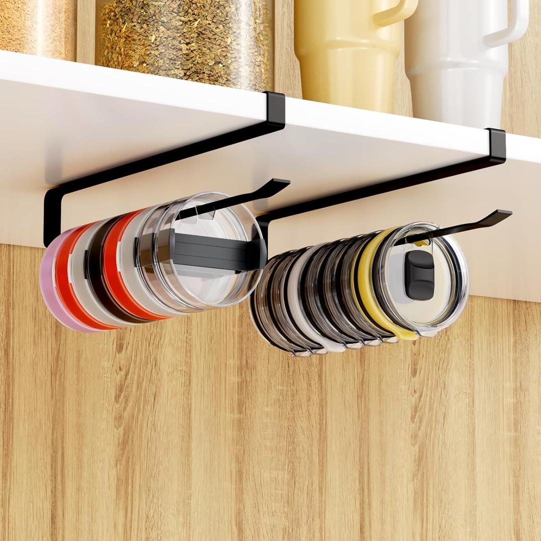 Quehun 2 PCS Tumbler Lid Organizers, Ample Lid Capacity Up to 30 Lids, No Adhesive No Drill Yeti Lid Organizer Holder Inside Cabinet, Space-Saving Stanley Tumbler Cup Lid Holder Organizer for Kitchen (Black)