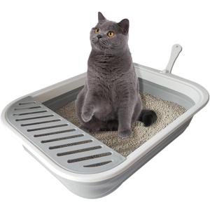 Senior Cat Litter Boxes, Collapsible Open Low Entry Cat Litter Pan with Scoop Travel Kitten Potty Foldable Pet Toilet for Sick Disabled Older Elderly Cats Grey 20.9x15.7x5.7 inch