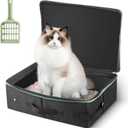 Cat Enclosed Travel Litter Box Kit with Lid Odorless Dustless, Lightweight Cat Portable Foldable Litter Box for Indoor and Car (Small, Black and Whi)