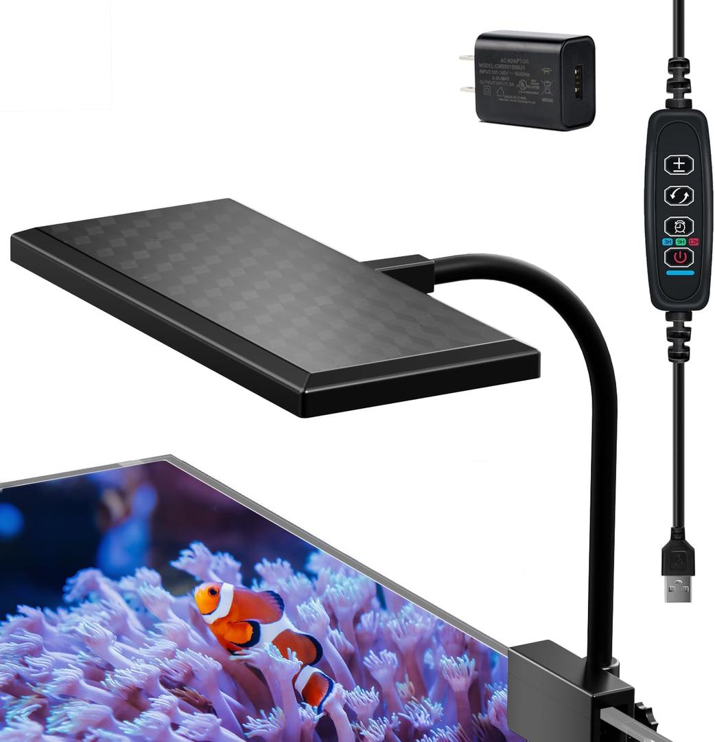 Clip-on Aquarium Light 10w (3 Timers, 3 Modes, 10 Dimming, Split Power) for Coral, Reef, Saltwater Fish, Algae Scrubber Nano/Mini/Pico/Refugium Tank,1-16Gallon(5-16in) Aquarium