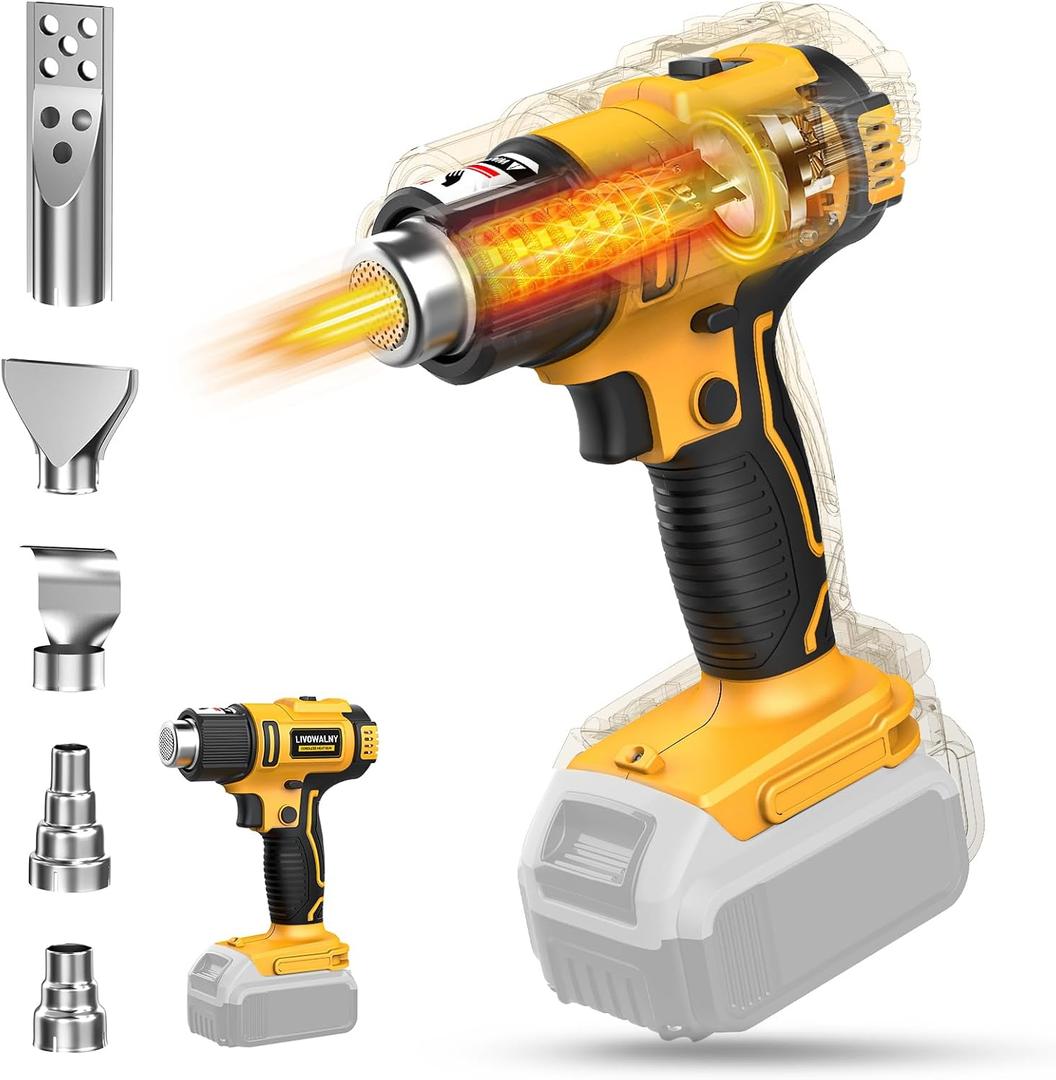 LIVOWALNY Cordless HeatGun Compatible with Dewalt 20v Battery (No Battery), 350W Fast Heating Soldering Hot AirGun 122-1022 Variable Temperature Control with 5 Nozzles for DIY Craft, Shrink Tubing