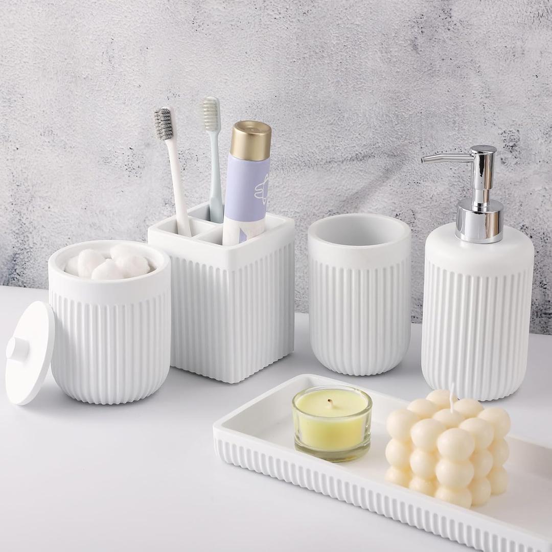 Resin White Bathroom Accessories Set 5 Pcs, Lotion Soap Dispenser, Toothbrush Holder, Bathroom Tumbler, Qtip Holder and Vanity Tray, Bathroom Countertop Organizer Set for Modern Home Apartment