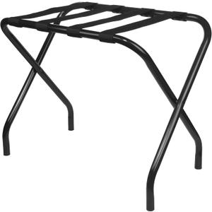 King's Brand Furniture-Black Metal Foldable Luggage Rack Stand with Nylon Belts
