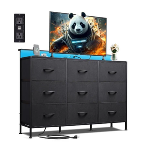 47-inch TV Stand For Up To 55 Inch TVs, Entertainment Center With RGB LED Lights & Charging Station, Media Console With 9 Fabric Drawers