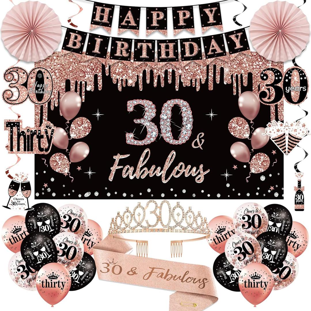 30th Birthday Decorations for Women,  30th Birthday Crown and Sash, Black Rose Gold Happy 30th Birthday Banner Balloons Backdrop Hanging Swirls Paper Fans, 30 Years Old Birthday Decorations Kit