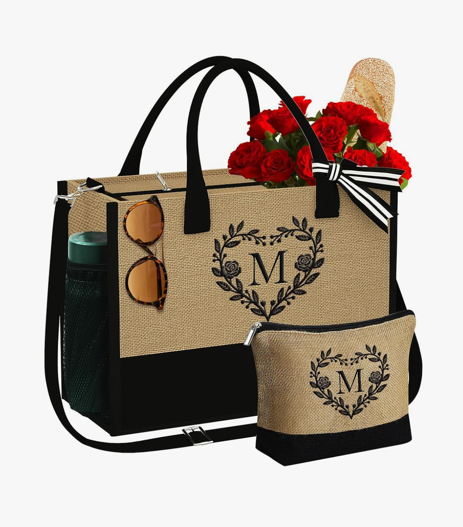 YOOLIFE Personalized Gifts for Mom, Gifts for Women Personalized Initial Beach Tote Bag for Women Birthday Gift for Friend Teacher Sister Mom Daughter Grandma Birthday Gift Letter M